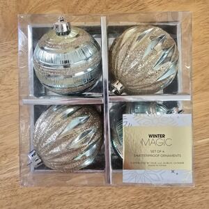 Winter Magic Shatterproof Christmas Ornaments Set of 4 Icy Blue Gold Glitter